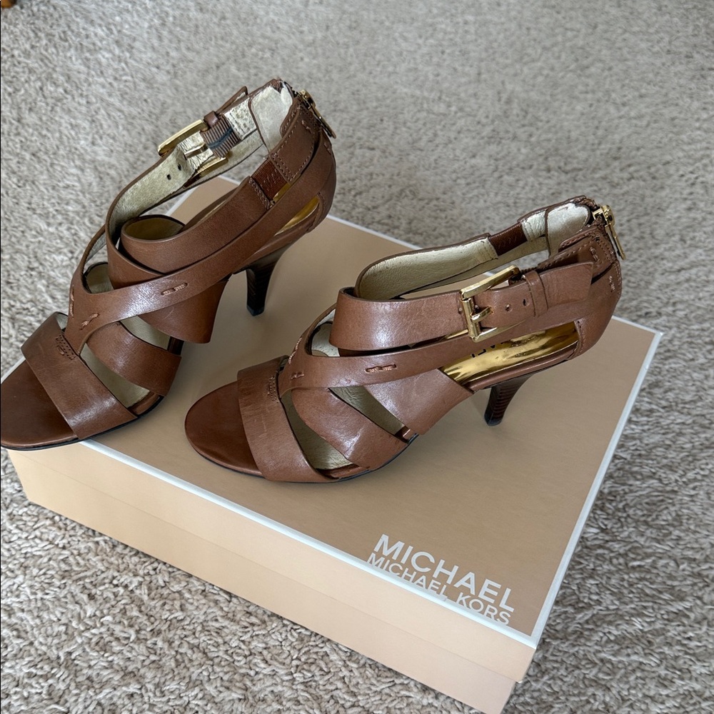 Michael Kors Tan Strappy Heels with Gold Buckles
